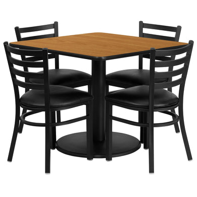 36'' Square Natural Laminate Table Set with 4 Ladder Back Metal Chairs - Black Vinyl Seat