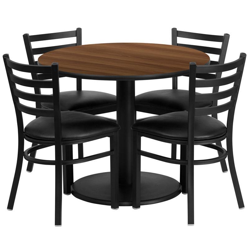 36'' Round Walnut Laminate Table Set with Round Base and 4 Ladder Back Metal Chairs - Black Vinyl Seat