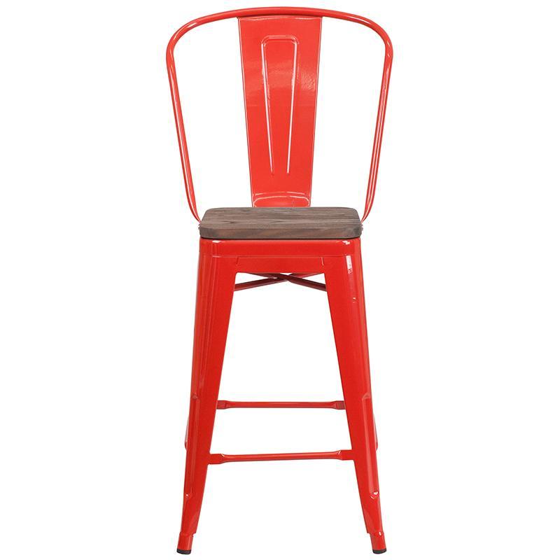 High Red Metal Counter Height Stool with Back and Wood Seat