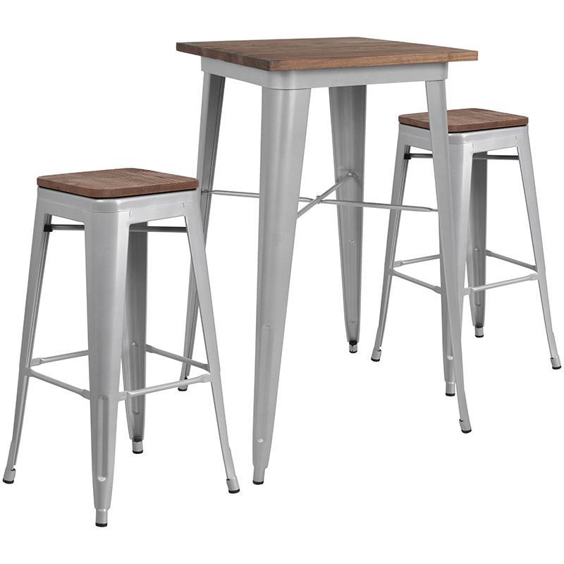 23.5" Square Silver Metal Bar Table Set with Wood Top and 2 Backless Stools