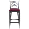 HERCULES Series Clear Coated ''X'' Back Metal Restaurant Barstool - Burgundy Vinyl Seat
