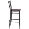 HERCULES Series Clear Coated ''X'' Back Metal Restaurant Barstool - Mahogany Wood Seat - Side