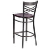 HERCULES Series Clear Coated ''X'' Back Metal Restaurant Barstool - Mahogany Wood Seat - Back