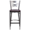 HERCULES Series Clear Coated ''X'' Back Metal Restaurant Barstool - Mahogany Wood Seat - Front