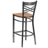 HERCULES Series Clear Coated ''X'' Back Metal Restaurant Barstool - Natural Wood Seat - Back