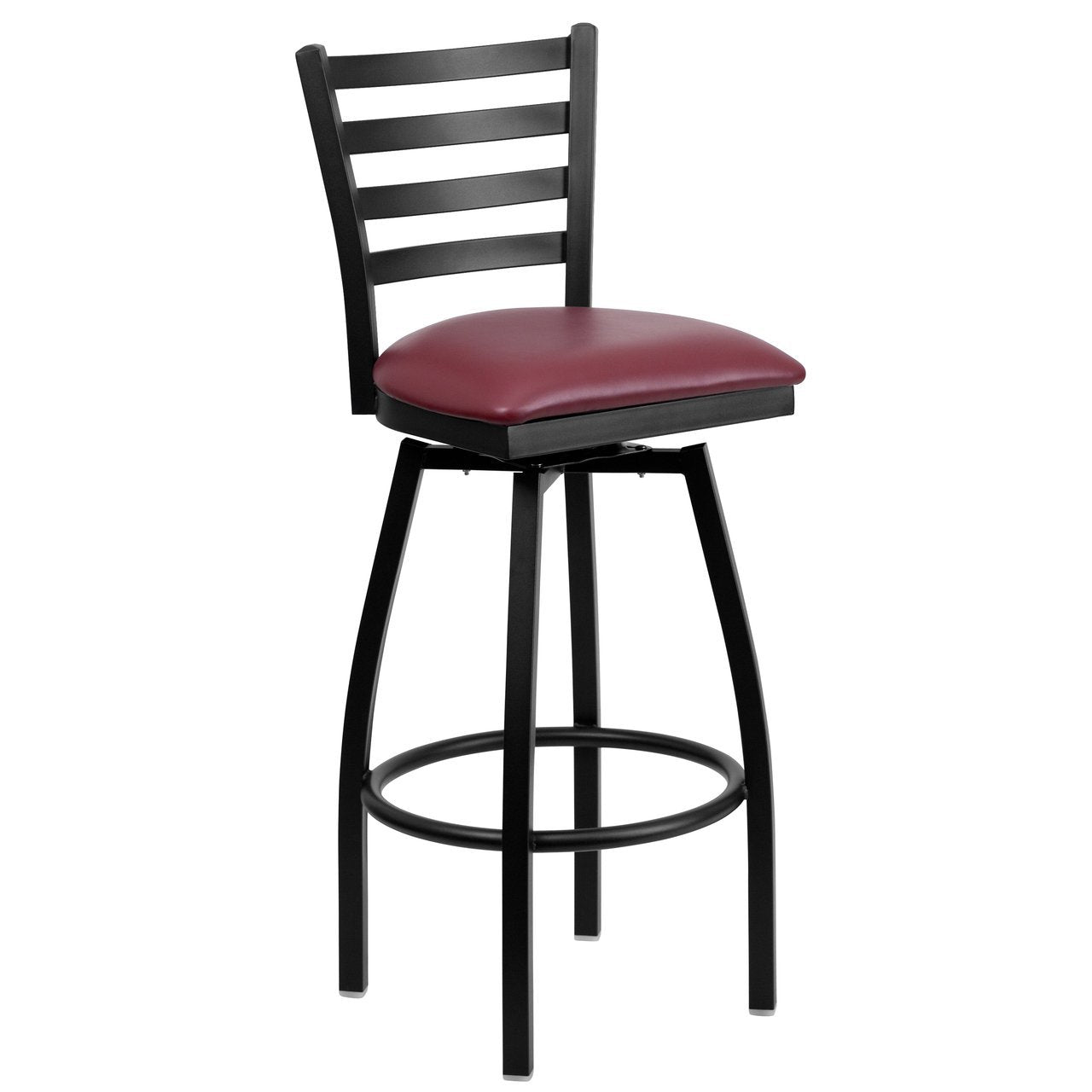 Heavy Duty Black Ladder Back Swivel Metal Barstool - Burgundy Vinyl Seat