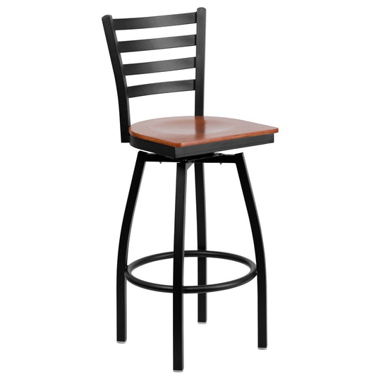HERCULES Series Black Ladder Back Swivel Metal Barstool - Cherry Wood Seat
