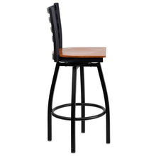 Load image into Gallery viewer, Heavy Duty Black Ladder Back Swivel Metal Barstool - Cherry Wood Seat side view