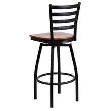 Load image into Gallery viewer, Black Ladder Back Swivel Metal Barstool - Cherry Wood Seat