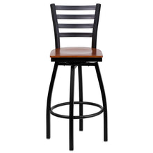Load image into Gallery viewer,  Black Ladder Back Swivel Metal Barstool - Cherry Wood Seat 1