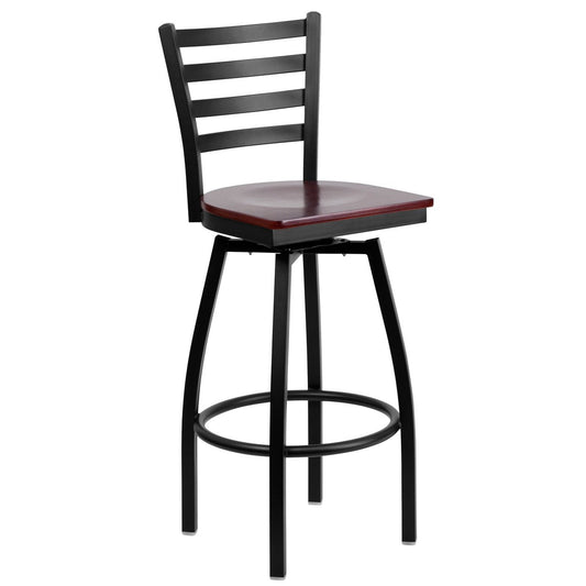 HERCULES Series Black Ladder Back Swivel Metal Barstool - Mahogany Wood Seat