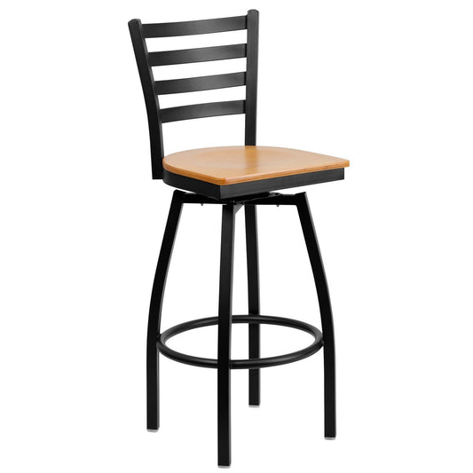HERCULES Series Black Ladder Back Swivel Metal Barstool - Natural Wood Seat