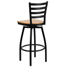 Load image into Gallery viewer, Heavy Duty Black Ladder Back Swivel Metal Barstool - Natural Wood Seat - Back