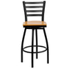 Heavy Duty Black Ladder Back Swivel Metal Barstool - Natural Wood Seat - Front