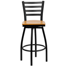 Load image into Gallery viewer, Heavy Duty Black Ladder Back Swivel Metal Barstool - Natural Wood Seat - Front