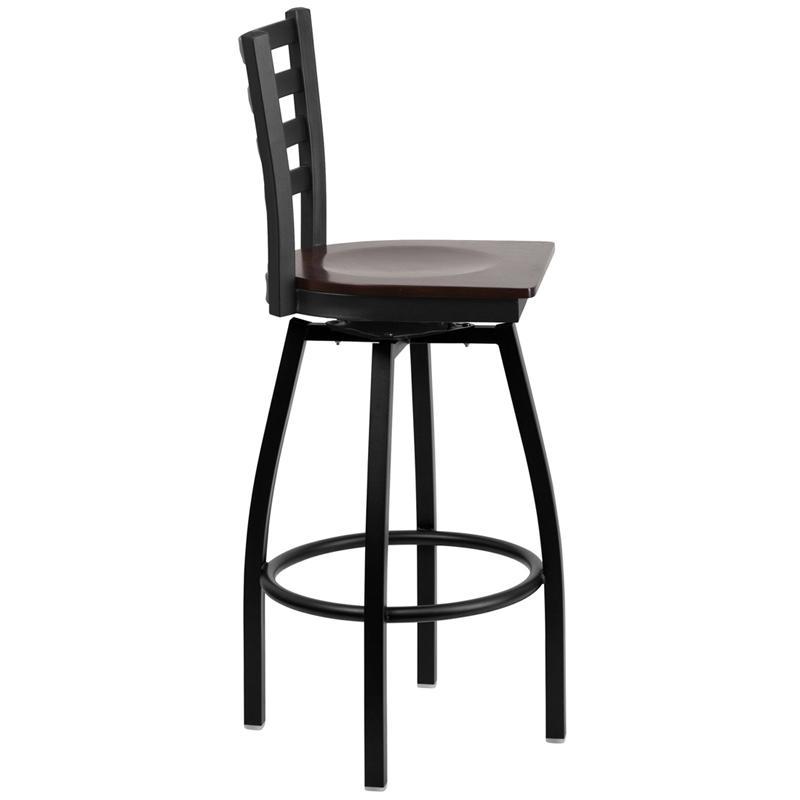 Heavy Duty Black Ladder Back Swivel Metal Barstool - Walnut Wood Seat - Side