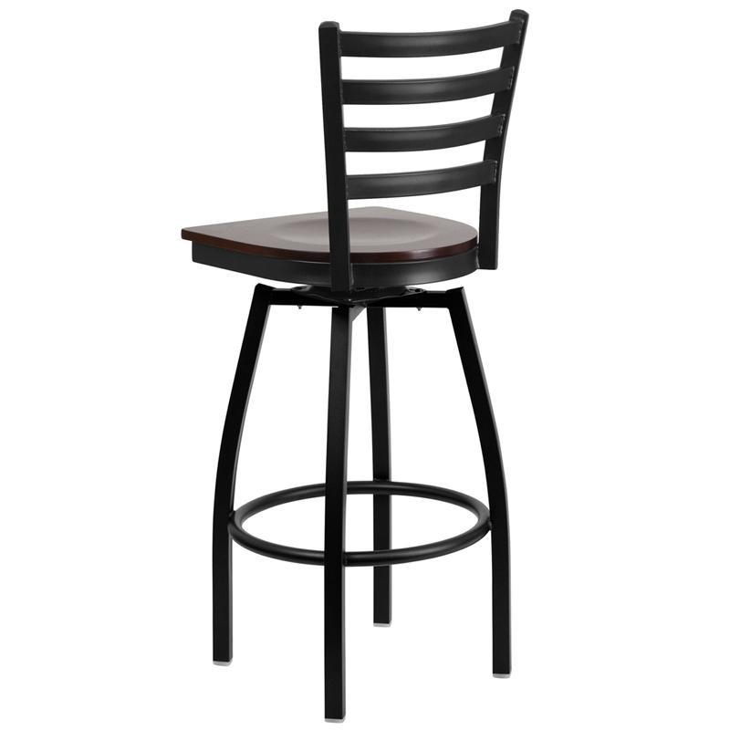 Heavy Duty Black Ladder Back Swivel Metal Barstool - Walnut Wood Seat - Back