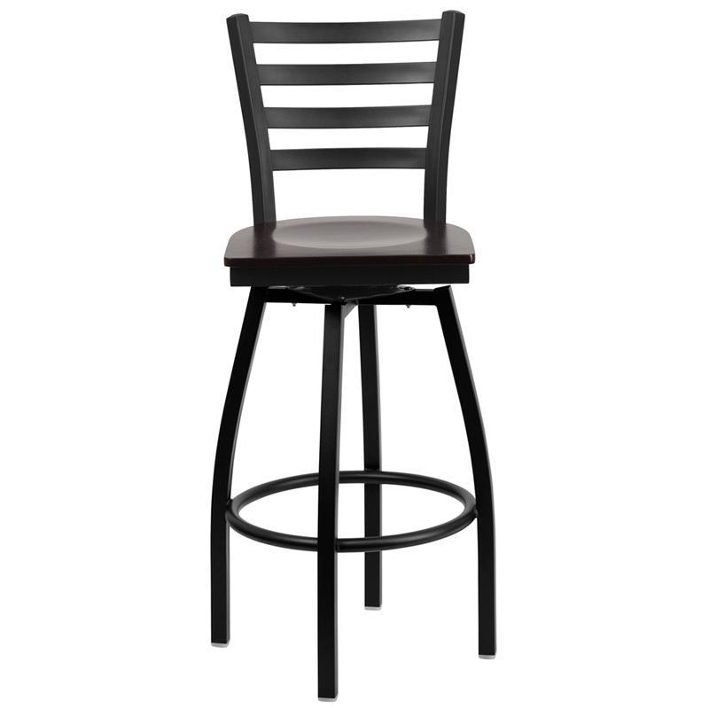 Heavy Duty Black Ladder Back Swivel Metal Barstool - Walnut Wood Seat - Front