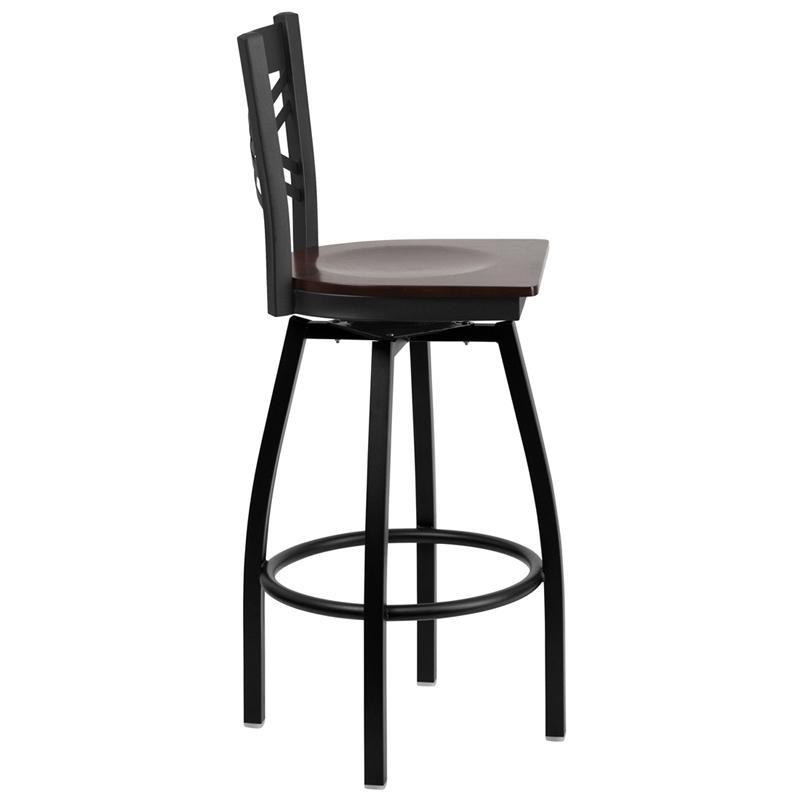 HERCULES Series Black ''X'' Back Swivel Metal Barstool - Walnut Wood Seat