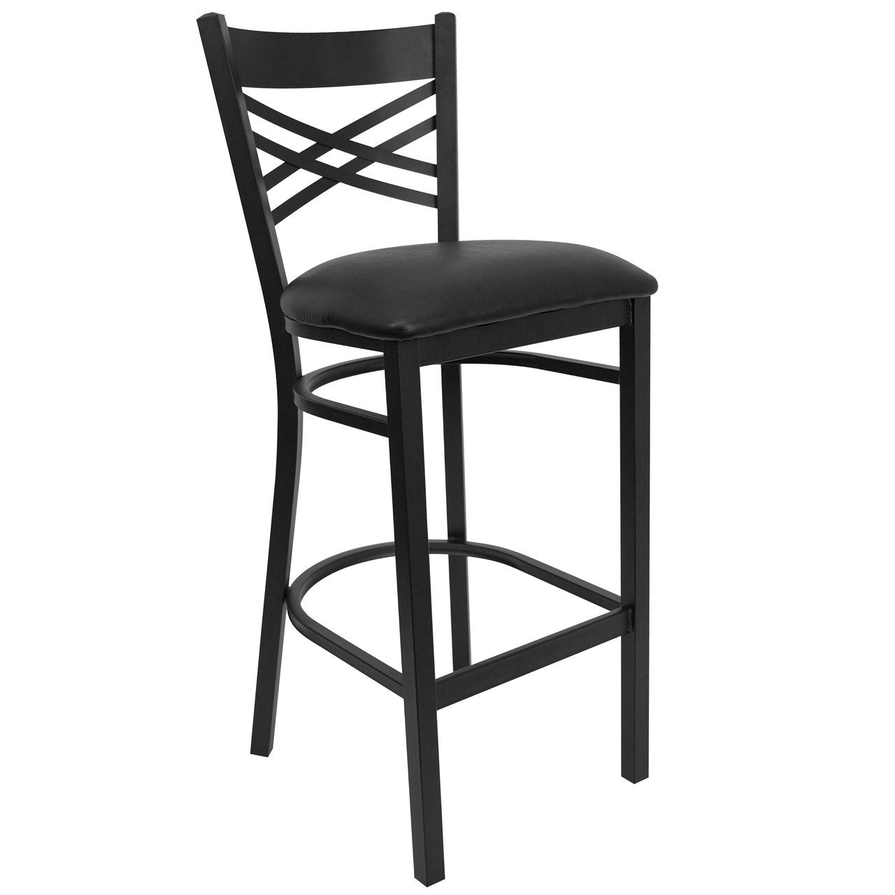 Heavy Duty Black ''X'' Back Metal Restaurant Barstool - Black Vinyl Seat