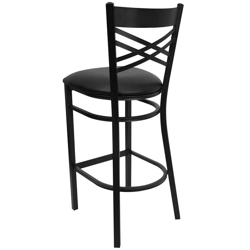Heavy Duty Black ''X'' Back Metal Restaurant Barstool - Black Vinyl Seat Back