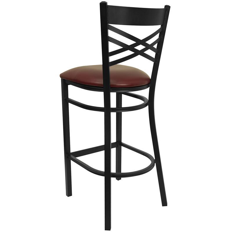 Black 'X' Back Metal Restaurant Barstool Burgundy Vinyl Seat Wholesale Bar Stool Club