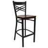 HERCULES Series Black ''X'' Back Metal Restaurant Barstool - Mahogany Wood Seat