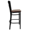 Heavy Duty Black ''X'' Back Metal Restaurant Barstool - Mahogany Wood Seat
