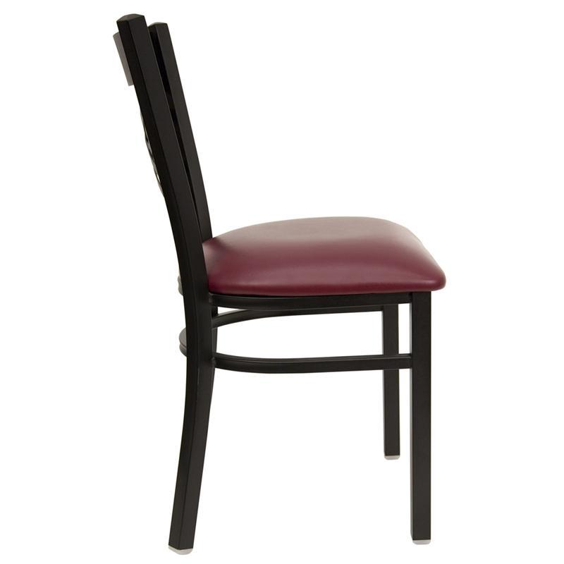 HERCULES Series Black ''X'' Back Metal Restaurant Chair - Burgundy Vinyl Seat - Side