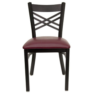HERCULES Series Black ''X'' Back Metal Restaurant Chair - Burgundy Vinyl Seat - Front
