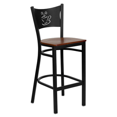 HERCULES Series Black Coffee Back Metal Restaurant Barstool - Cherry Wood Seat