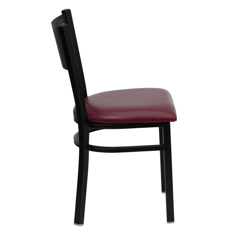 HERCULES Series Black Grid Back Metal Restaurant Chair - Burgundy Vinyl Seat - Side