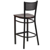 HERCULES Series Black Grid Back Metal Restaurant Barstool - Walnut Wood Seat - Back