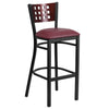 HERCULES Series Black Cutout Back Metal Restaurant Barstool - Mahogany Wood Back, Burgundy Vinyl Seat
