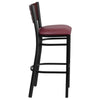 HERCULES Series Black Cutout Back Metal Restaurant Barstool - Mahogany Wood Back, Burgundy Vinyl Seat - Side