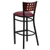 HERCULES Series Black Cutout Back Metal Restaurant Barstool - Mahogany Wood Back, Burgundy Vinyl Seat - Back