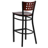 HERCULES Series Black Cutout Back Metal Restaurant Barstool - Mahogany Wood Back & Seat - Back