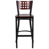 HERCULES Series Black Cutout Back Metal Restaurant Barstool - Mahogany Wood Back & Seat - Front