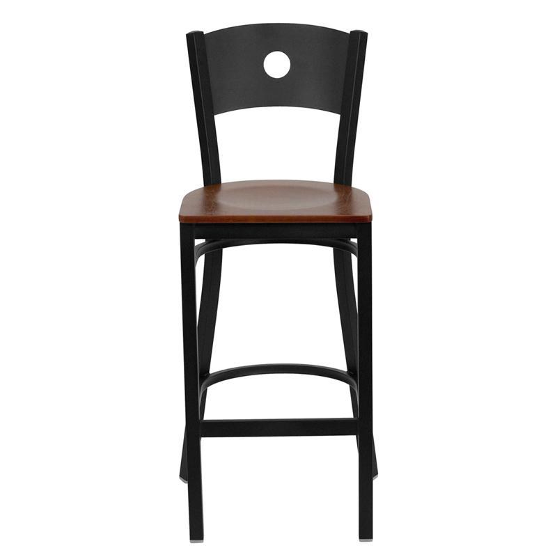 Black Circle Back Metal Restaurant Barstool Cherry Wood Seat