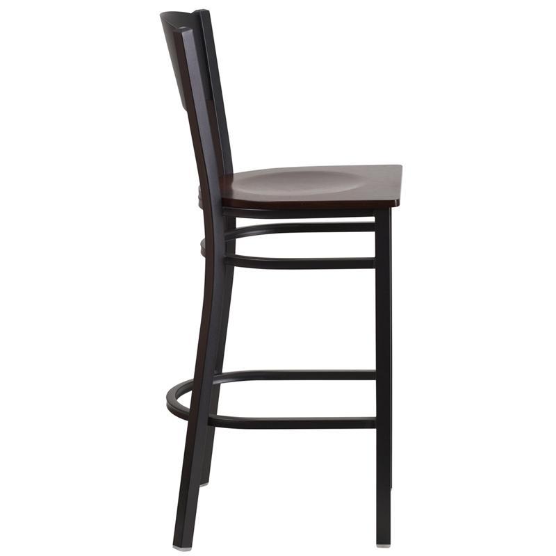 HERCULES Series Black Circle Back Metal Restaurant Barstool - Walnut Wood Seat - Side