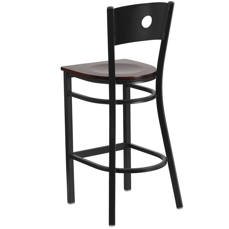 Black Circle Back Metal Restaurant Barstool Walnut Wood Seat