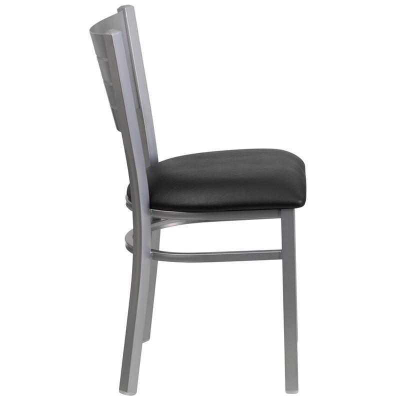 HERCULES Series Silver Slat Back Metal Restaurant Chair - Black Vinyl Seat - Side