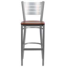 Load image into Gallery viewer, HERCULES Series Silver Slat Back Metal Restaurant Barstool - Cherry Wood Seat - Front