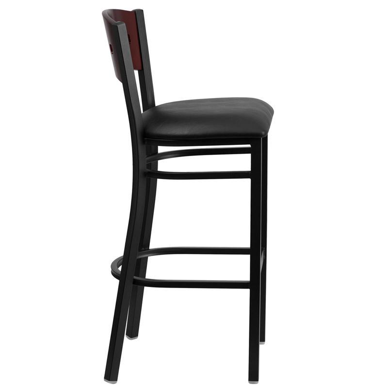 HERCULES Series Black 4 Square Back Metal Restaurant Barstool - Mahogany Wood Back, Black Vinyl Seat - Side