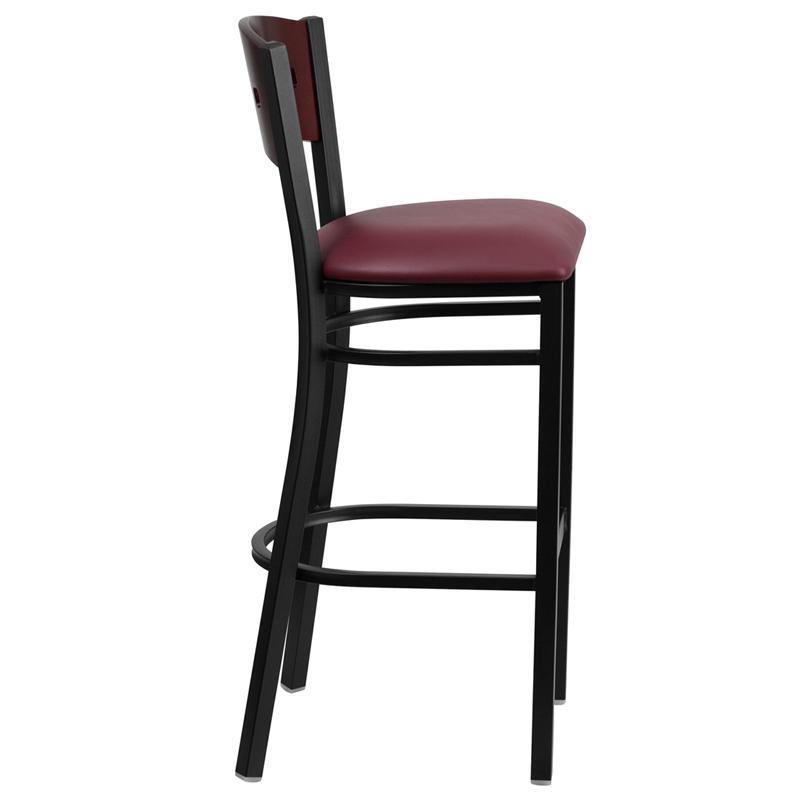 HERCULES Series Black 4 Square Back Metal Restaurant Barstool - Mahogany Wood Back, Burgundy Vinyl Seat - Side