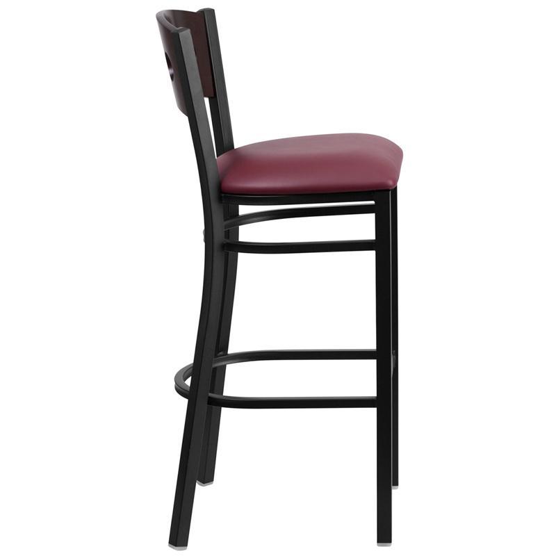 HERCULES Series Black 3 Circle Back Metal Restaurant Barstool - Walnut Wood Back, Burgundy Vinyl Seat - Side