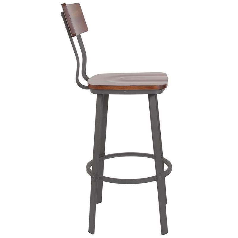 Flint Series Rustic Walnut Restaurant Barstool with Wood Seat & Back a