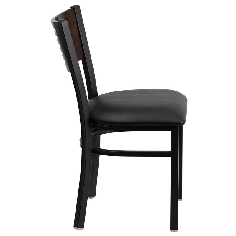 HERCULES Series Black Slat Back Metal Restaurant Chair - Walnut Wood Back, Black Vinyl Seat - Side