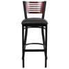 HERCULES Series Black Slat Back Metal Restaurant Barstool - Mahogany Wood Back, Black Vinyl Seat - Front