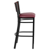 HERCULES Series Black Slat Back Metal Restaurant Barstool - Mahogany Wood Back, Burgundy Vinyl Seat - Side